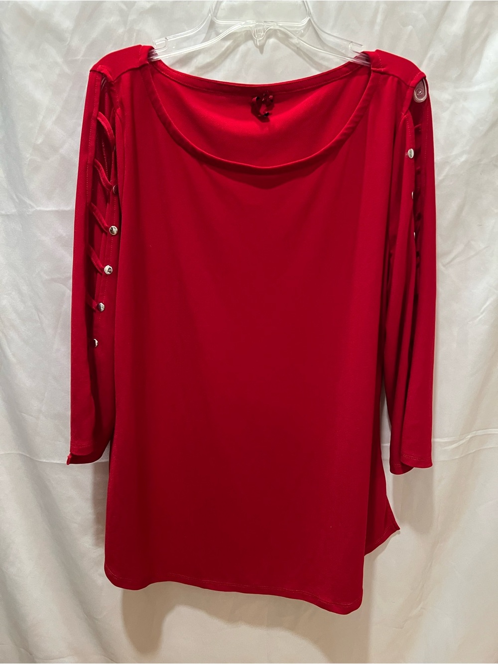 Scarlett Red Long Sleeve Boatneck Top with Lace-Up Sleeve and Button Accents